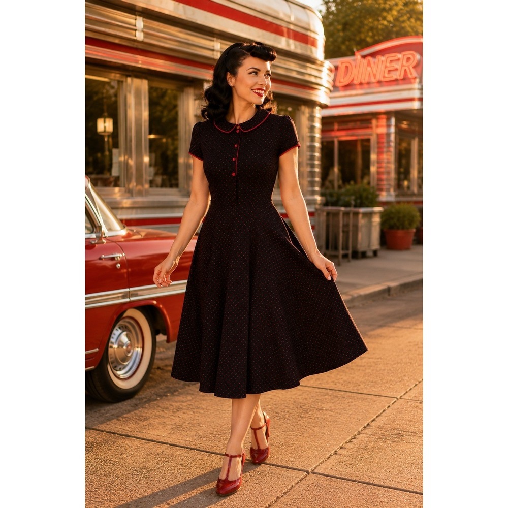 Stop Staring! Black Red Polka Dot Peter Pan Collar Fit Flare Dress S